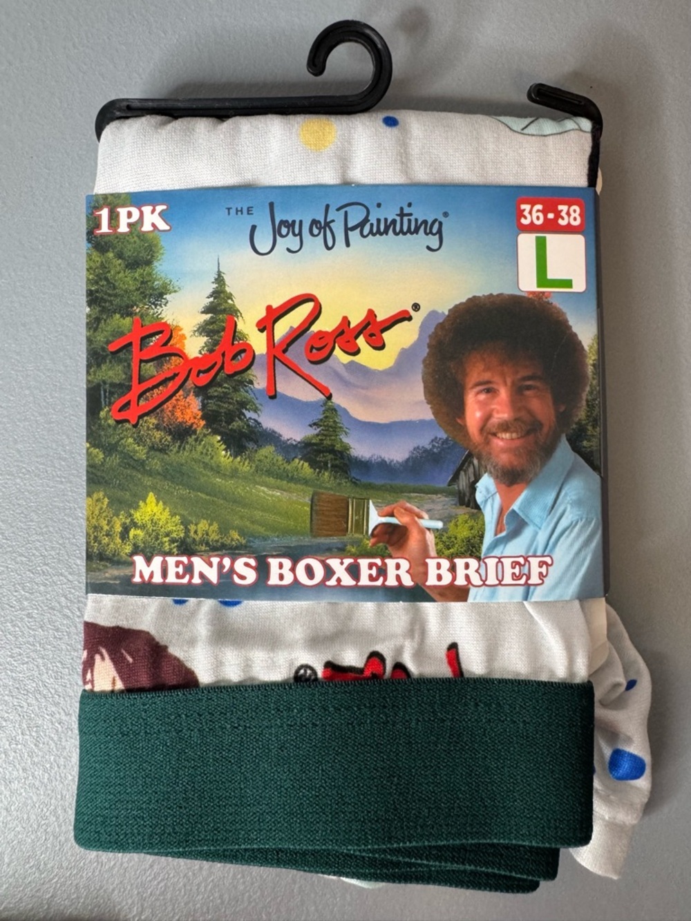 Bob Ross logo Men’s Boxer Briefs in White with Green Waistband size large paint